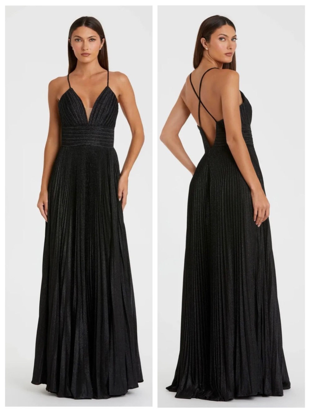 Mac Duggal | 30725 Black Gold Shimmer Pleated V-neck Plunge Maxi Dress | 10 NWT